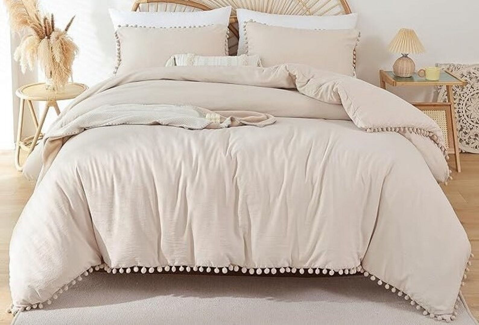 Pompom Cotton Duvet Cover Beige 3 Piece - Ultra Soft And Easy Care Bedding Set Organic Boho Bedding Twin, Duvet Cover Set of Duvet
