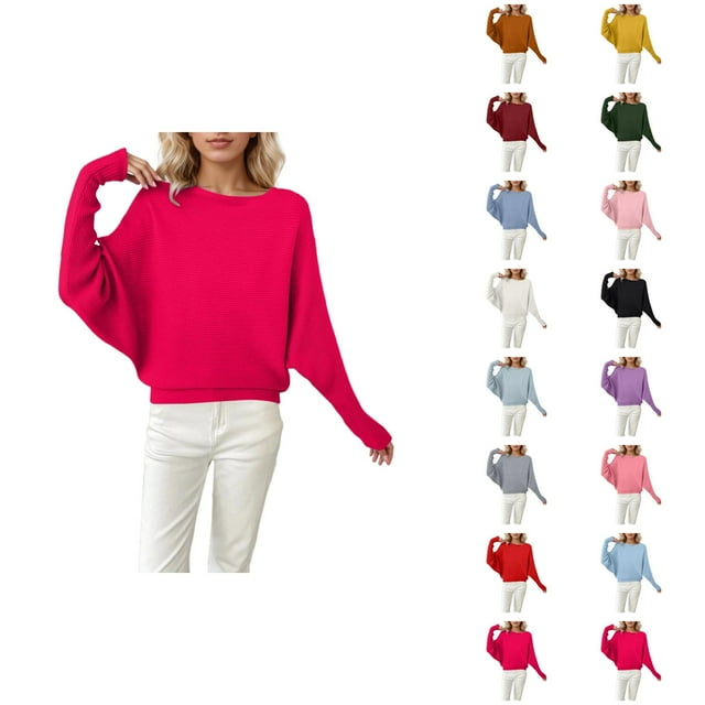 Chandails Surdimensionnés pour Femmes 2026 Automne Hiver Décontracté Manches Chauve-Souris Col Rond Chandail Tricoté
