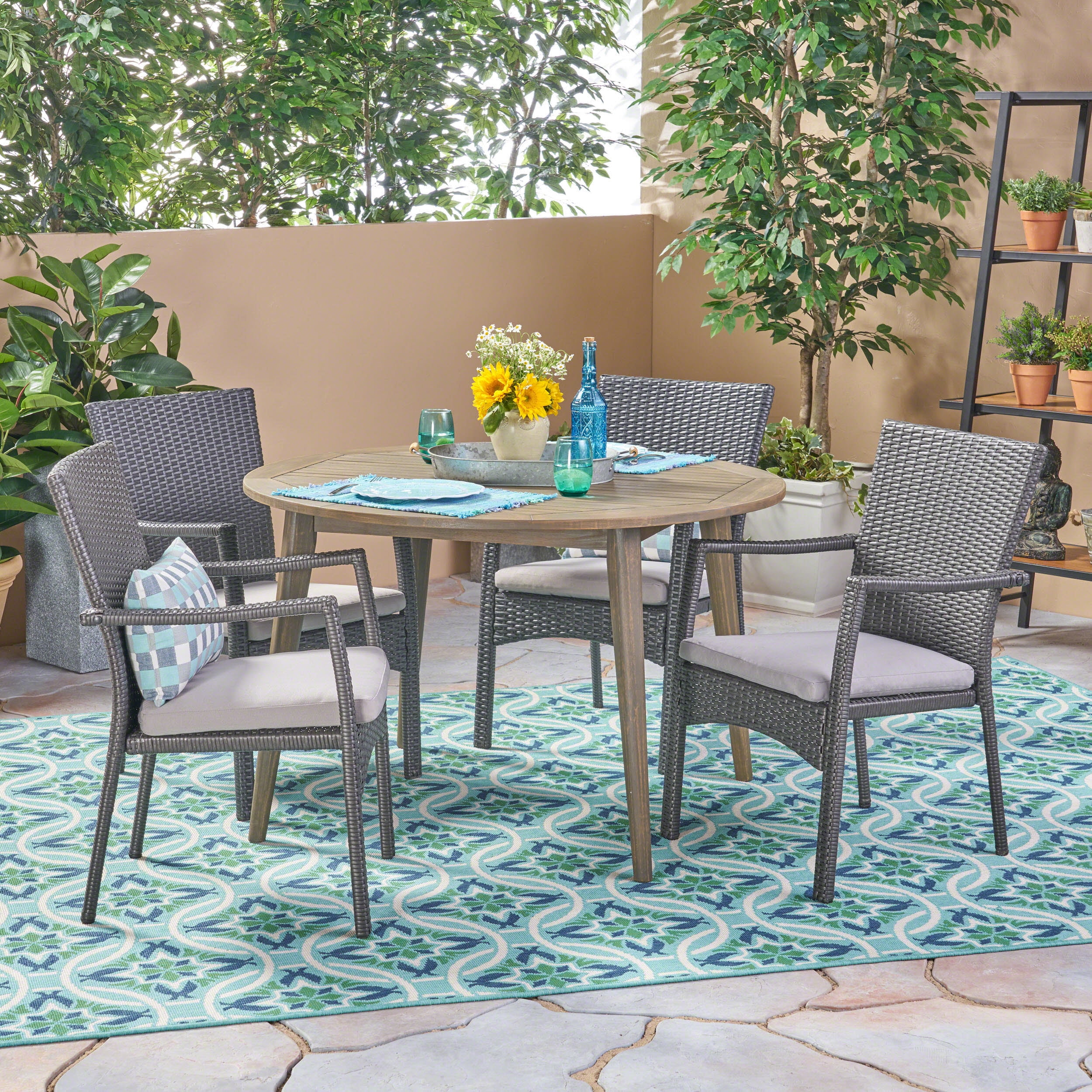 Aubrie Outdoor 5 Piece Acacia Wood and Wicker Dining Set with Cushions ...