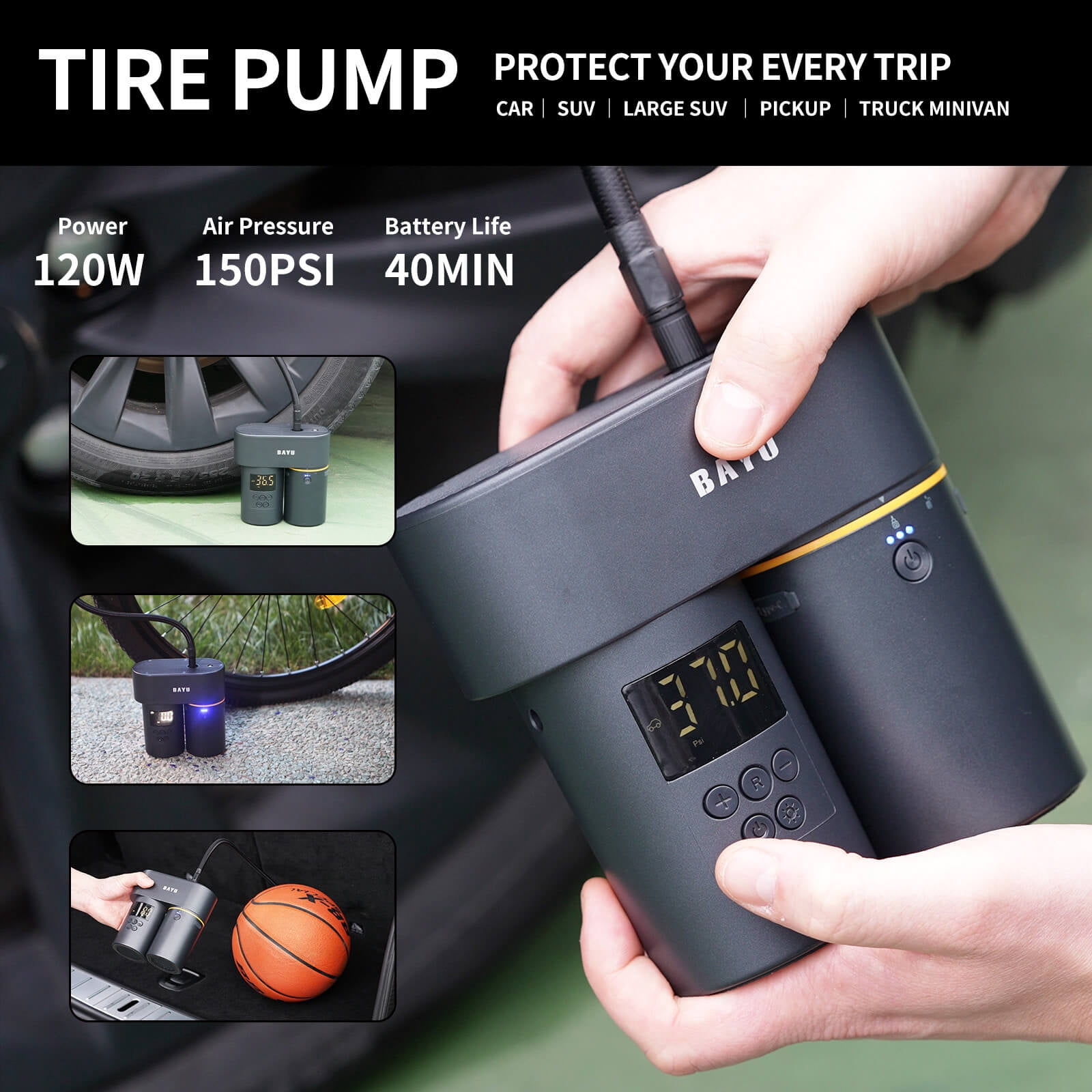 BAYU 4 in 1 Car Smart Kit, 19000PA Car Vacuum Cleaner, 200PSI Cordless Pressure Washer, 150PSI Tire Inflator Portable Air Compressor, 15000mAh Wireless Portable Charger for Car, Bike, Motor