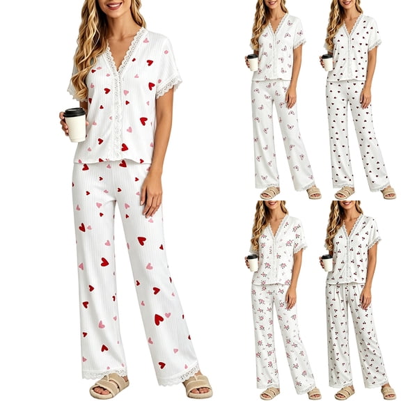 Endives Womens Pajama Sets Home Clothes Cherry Printed Embroidered Lace Short Sleeve Tshirt and Pants Pajama Set Two Piece Set Matching Sets Women Clothing