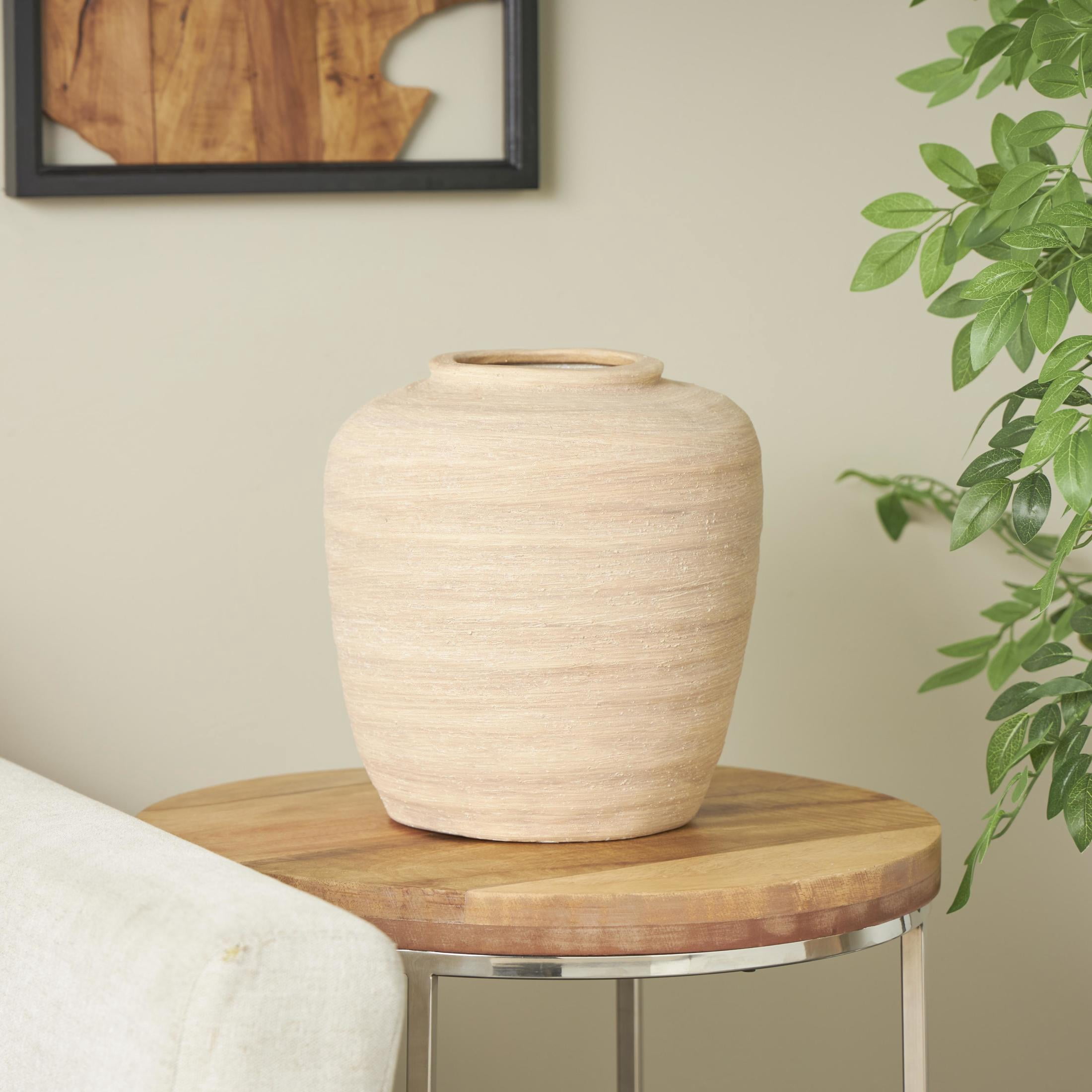 DecMode 12" Wide Textured Terracotta Beige Ceramic Vase