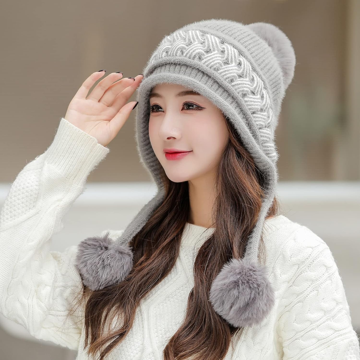 Zhengup Women Winter Peruvian Cover Ears Beanie Hat Ear Flaps Sherpa Ski Snow Hats Knit Fleece Lined 3 Pom Pom
