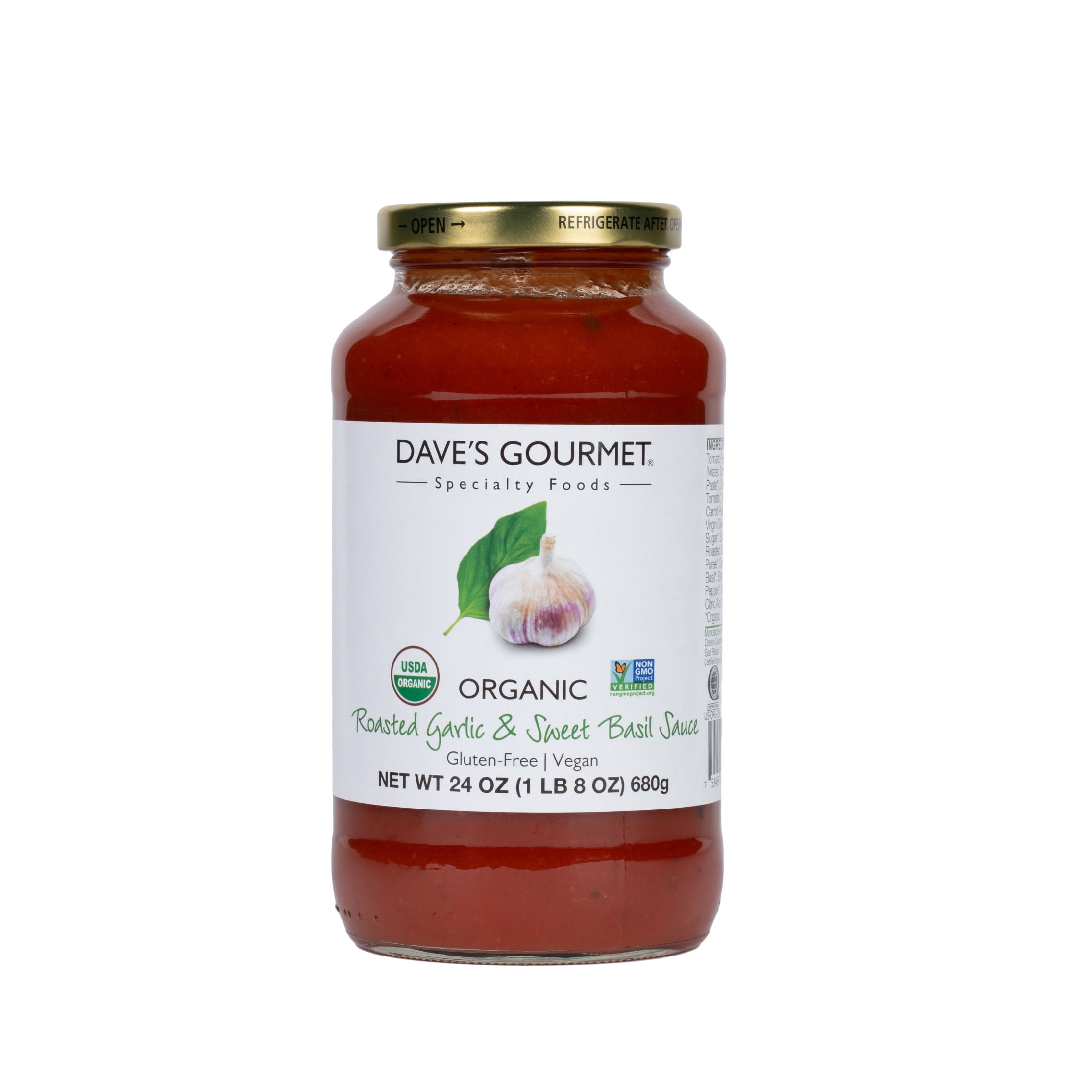 (2 pack) Dave’s Gourmet Organic Roasted Garlic and Sweet Basil Tomato Pasta Sauce, Perfect for Spaghetti, Shelf-Stable, Gluten-Free, Vegan, 24oz Jar