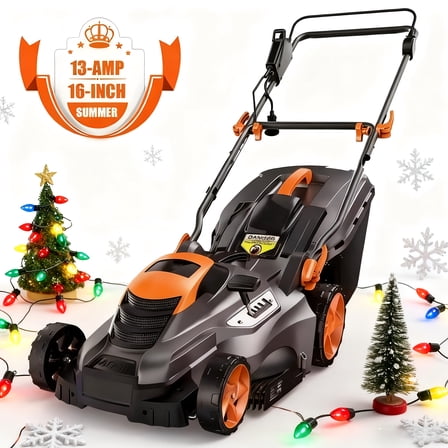 13Amp Corded Electric Lawn Mower - 16-Inch Cutting Width, 1-Step Height Adjustment, 3-Step Foldable Handle, 13Gal Grass Bag w/Full Indicator, 120V for Medium Lawns
