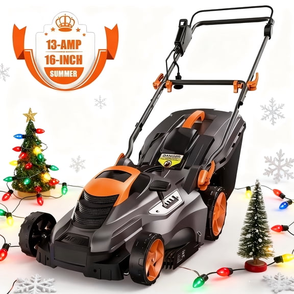 13Amp Corded Electric Lawn Mower - 16-Inch Cutting Width, 1-Step Height Adjustment, 3-Step Foldable Handle, 13Gal Grass Bag w/Full Indicator, 120V for Medium Lawns