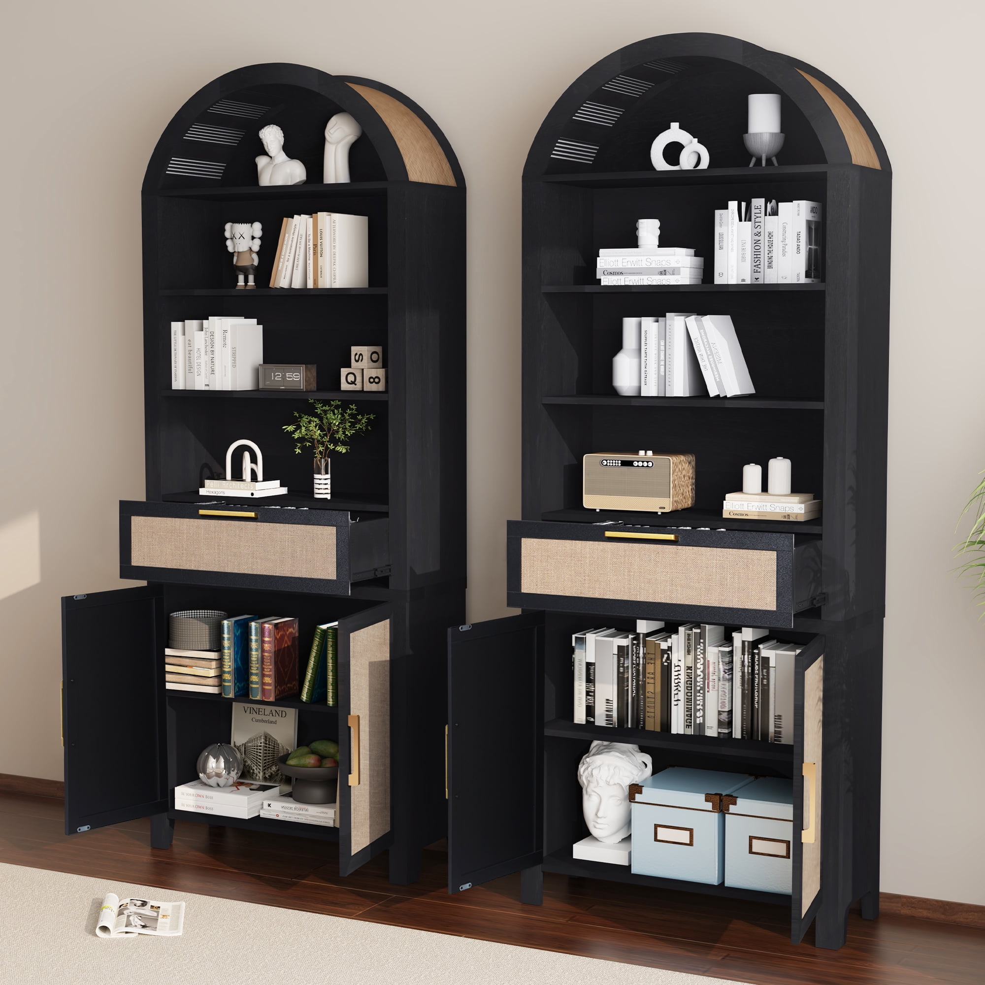 LEFHDA 2PCS 78" Tall Bookshelf, Arched Bookcase with Drawers, Mid-Century Modern 6-Tier Bookshelf with Storage, Rattan Open Display Storage Shelf Bookshelf for Living Room Bedroom & Classroom(Black)