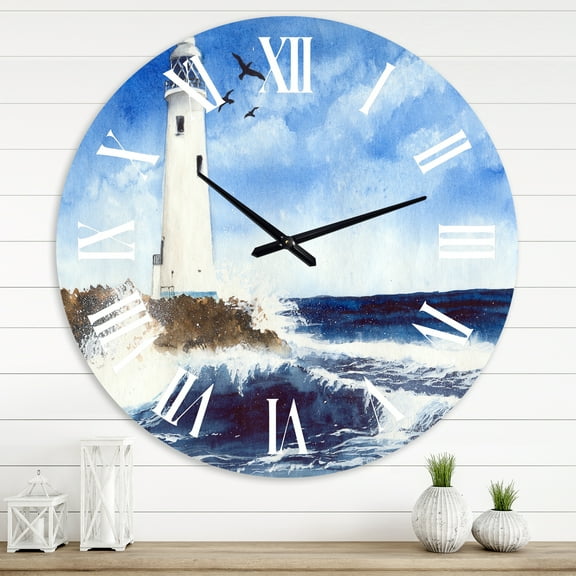 Designart 'Lighthouse On The Rocky Island With Seagulls' Nautical & Coastal Wall Clock