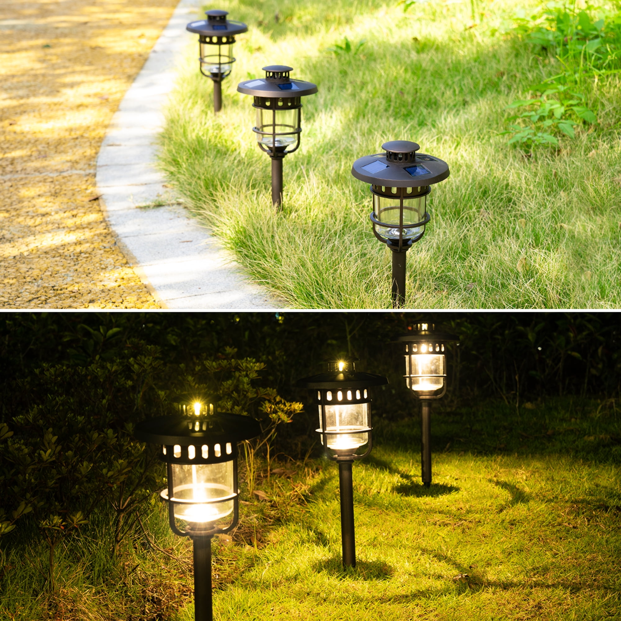 Solpex Solar Path Lights Outdoor, Glass and Bronze Finished, 2 Bright LEDs per Light, Waterproof Automatic Solar Lights Outdoor for Patio, Yard, Lawn, Garden and Landscape-Warm White (6 Pack)