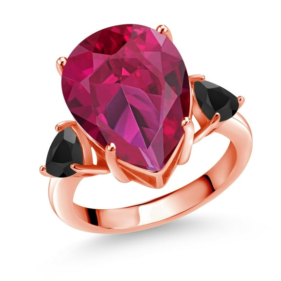 Gem Stone King 18K Rose Gold Plated Silver Red Created Ruby and Black Onyx  Ring for Women (10.34 Cttw, Gemstone July Birthstone, Pear Shape 16X12MM, Size 6)