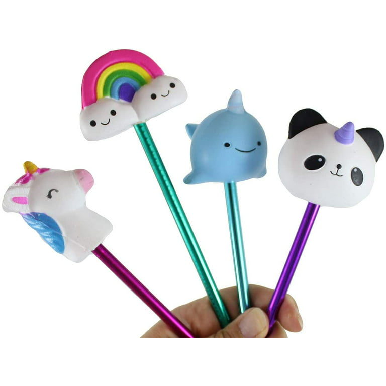 Set of 4 Cute Mystical Unicorn Creatures Pens - Fun Squishy Office School  Fidget Pens - Anxiety ADHD - Gift - Girly Unicorn, Narwhal, Rainbow, Panda  
