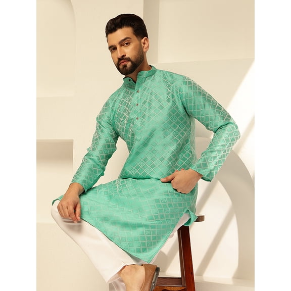 Sojanya (Since 1958) Men'S Jacquard Silk Woven Motifs Green Kurta With White Pyjama
