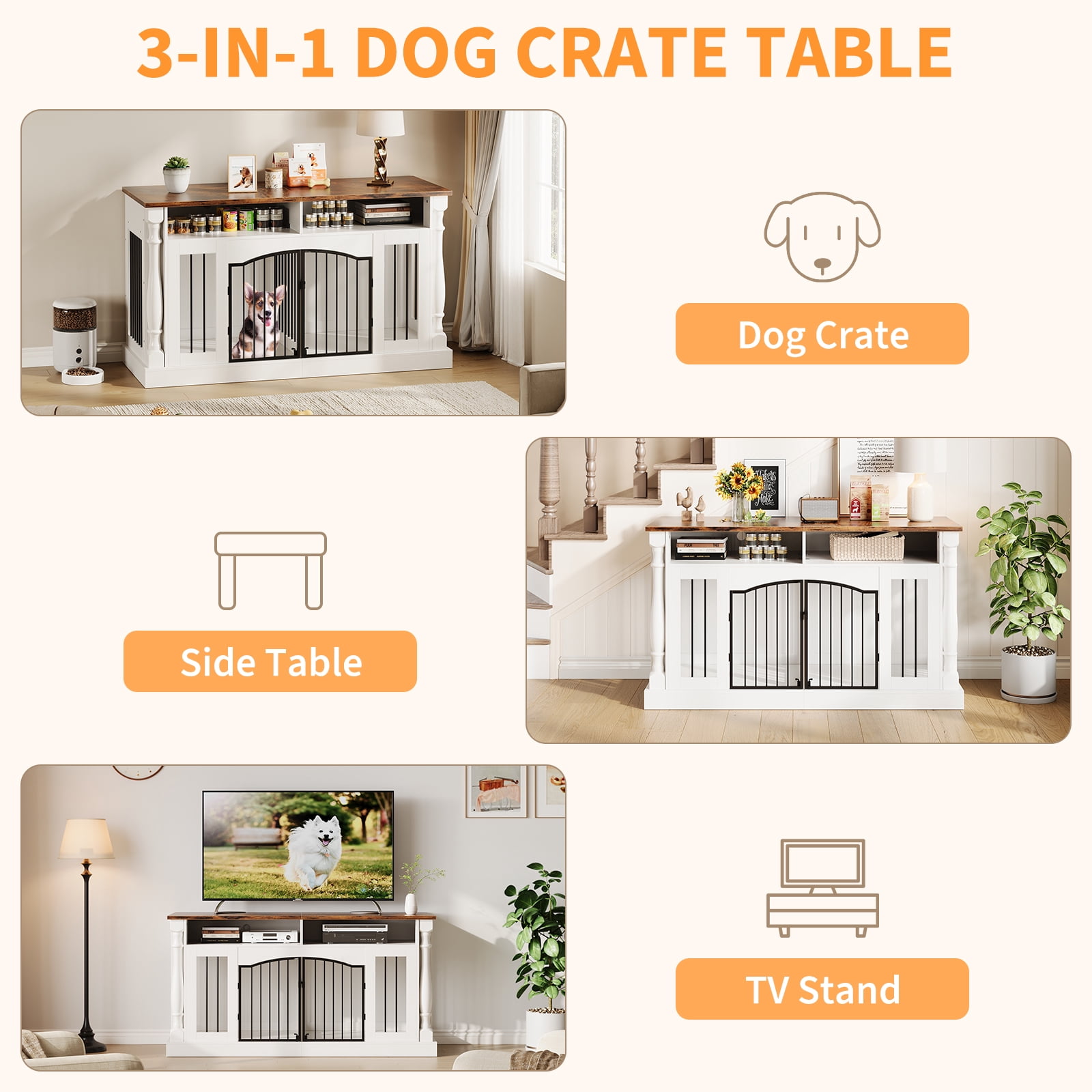 Heavy Duty Double Dog Crate Furniture for 2 Dogs - 63" Wooden Kennel with Roman Column Design - TV Stand & Open Storage, Sliding Barn Doors - For Small & Medium Breeds - Rustic Tiger Wood