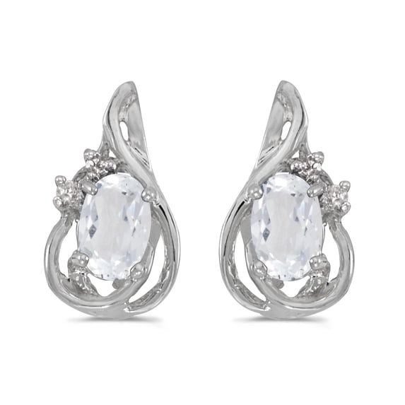14k White Gold Oval White Topaz And Diamond Teardrop Earrings