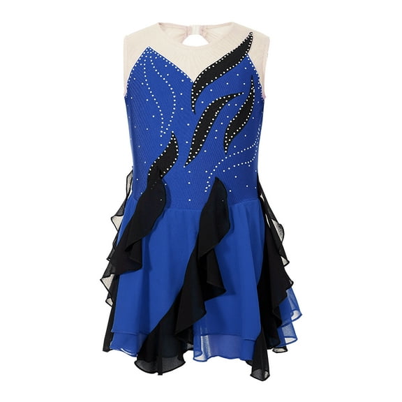 inhzoy Kids Girls Shiny Ruffle Figure Skating Dance Dress Sleeveless Lyrical Ballet Dancewear Blue 6