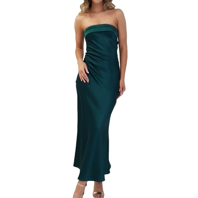 Vestido largo Realtix de seda satinada sin espalda en tubo para mujer, color verde