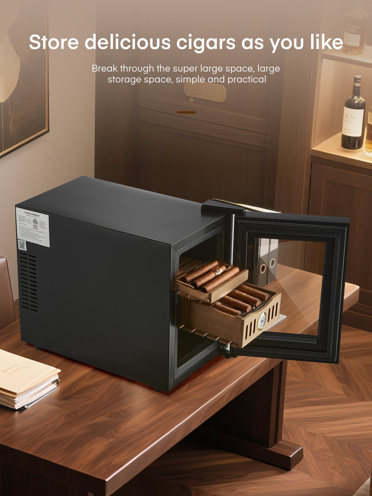 Electric Cigar Humidor for 100 Cigars, 15L Cigar Cabinet with Temperature Control, Spanish Cedar Wood Shelves, Digital Hygrometer, Gift for Men