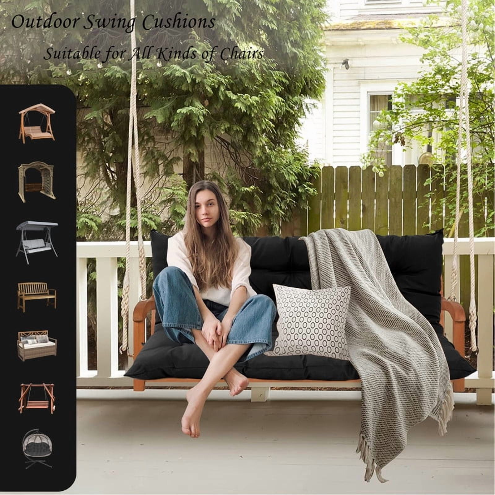 Outdoor Cushions for Patio Furniture, 4" Thick Waterproof Porch Swing Cushions Replacement with Backrest, 2-3 Seater Bench Cushion（Black,40*60in）