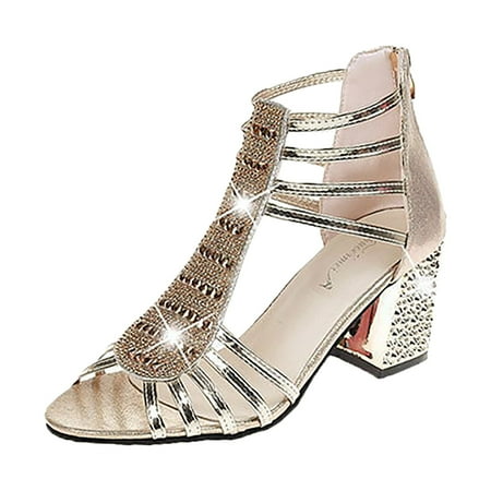 

Sandals for Woman Summer Ladies Chunky High Heels Pumps Rhinestone Versatile Hollow High Heel Shoes Gold Size 7.5