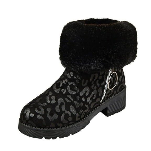 Snow Boots for Women,Women's Fashion Winter Boots with Leopard Print Side Zipper and Thick Heel for Cold Weather Outdoor Comfort,Winter Boots for Women,Black,8