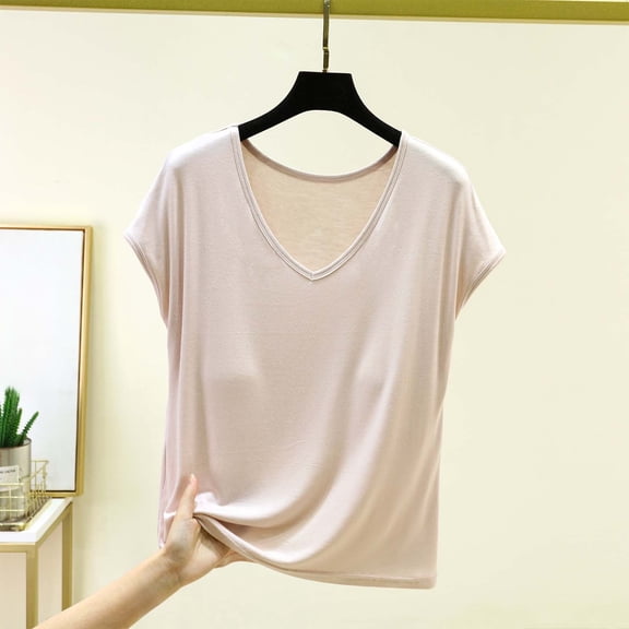 ClodeEU Women's Modal V Neck Short Sleeve Top,Casual Loose T-Shirt,Comfy Solid Color Summer Blouse with Padding Beige,Women's Plus L