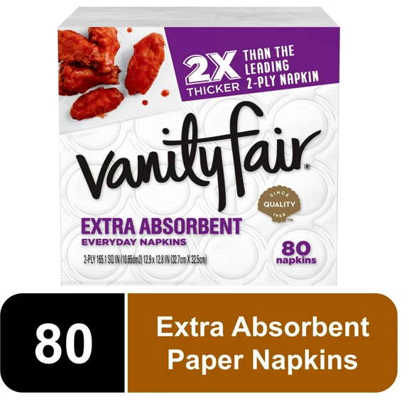 Vanity Fair Extra Absorbent Disposable Paper Napkins, White, 80 Count