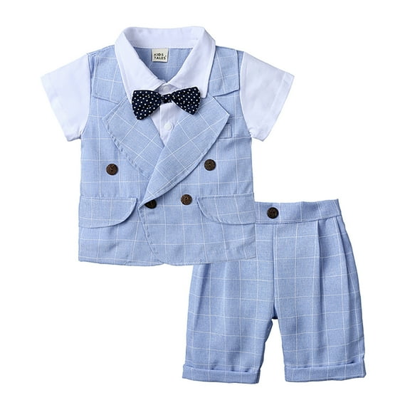 LYMAYTER Infant Kids Boys Gentleman Outfit 2PCS Toddler Dress Check Shirt with Bowtie   Shorts for Set 9 Months-4 Years