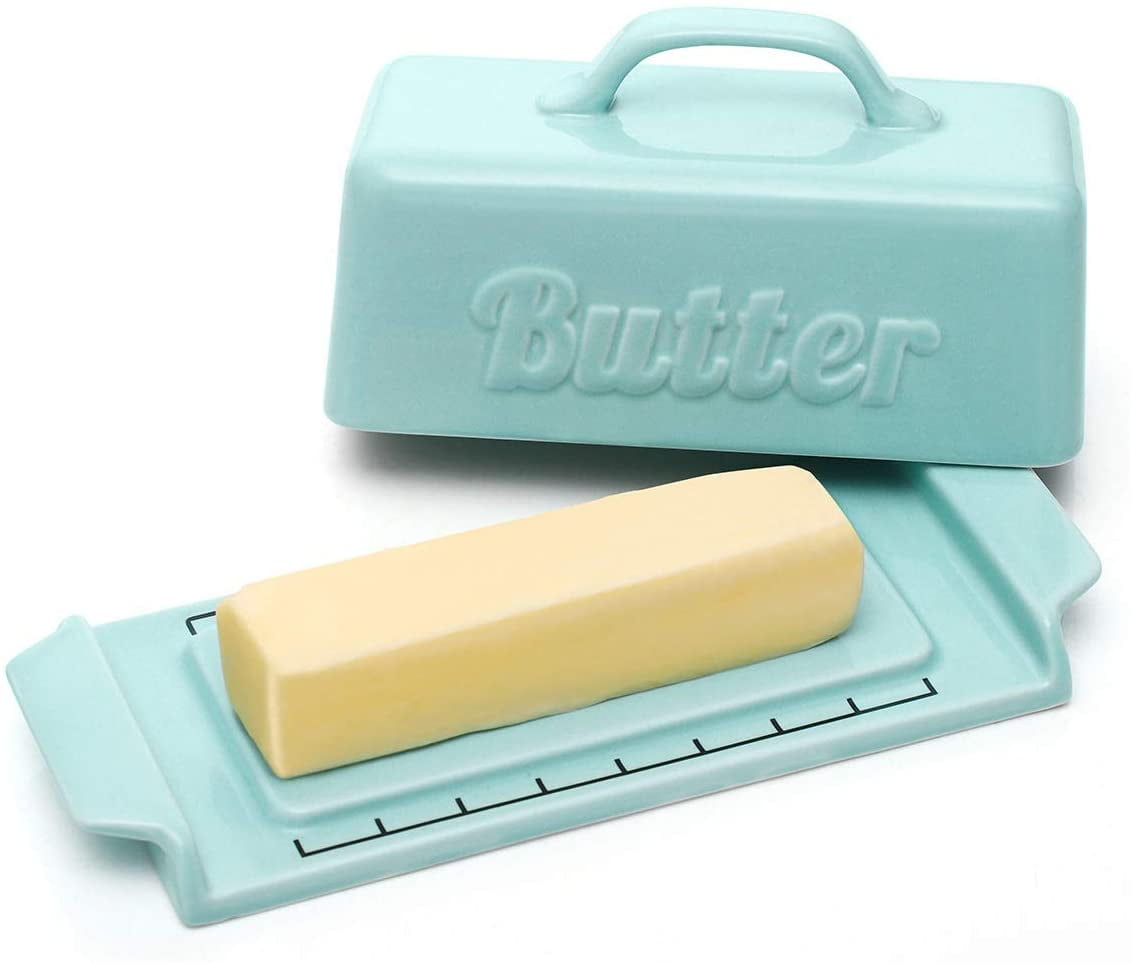 DOWAN Butter Dish with Knife Porcelain Butter Dishes with Lid and Groove Design, Mini Butter