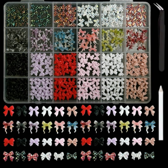 A Box of 24 Grid Bow Nail Charms, 3D Nail Charms Bulk for Nail Art Charms and Y2K Charms for Nails Design