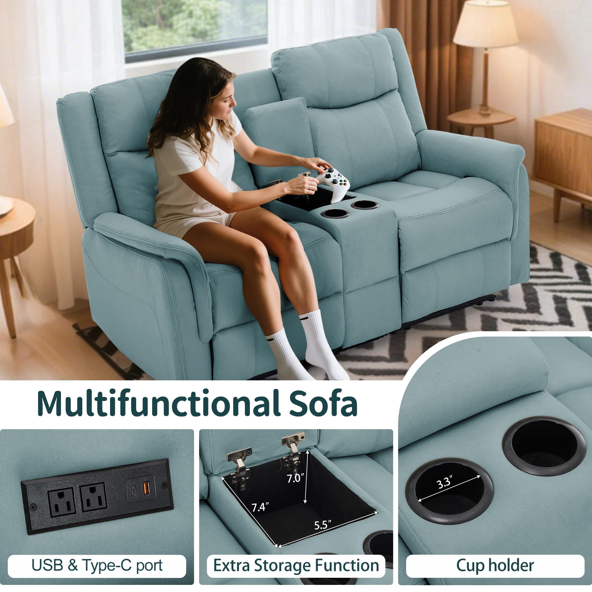 Korser 2-Seater Loveseat Recliner, Reclining Sofa with USB Ports, Cup Holders for Home Theater,Blue