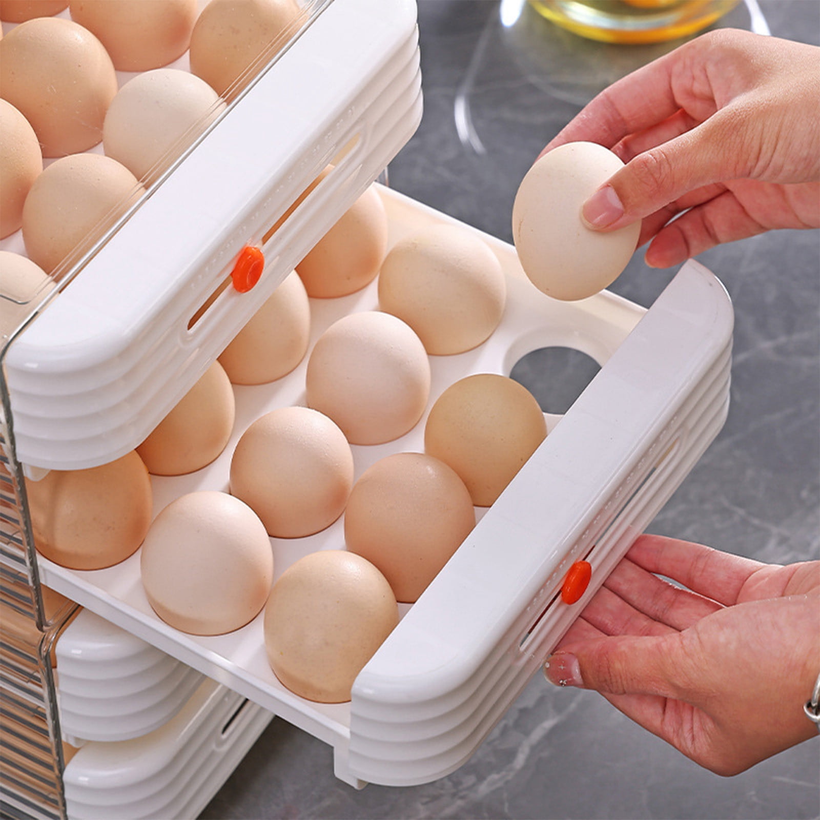 GSKKLQ 2-Tier Egg Storage Container, Fridge Organizer with Drawer Design, Stackable Plastic Egg Tray, Kitchen Refrigerator Essential