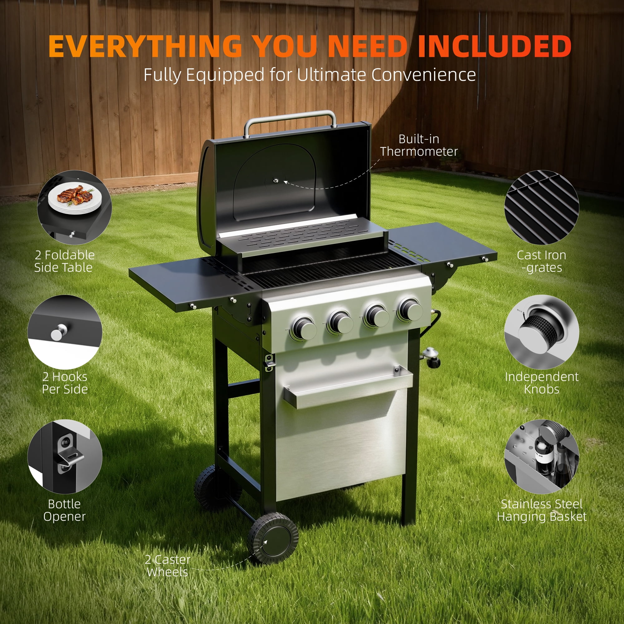 Biotree 4 Burner BBQ Propane Gas Grill, Stainless Steel 38,000 BTU Patio Garden Barbecue Grill with Two Foldable Shelves