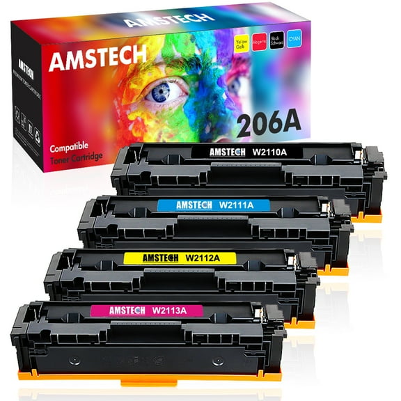 Amstech 4-Pack No Chip, with Tool Compatible Toner for HP 206A 206X W2110X W2110A W2111A W2112A W2113A LaserJet Pro MFP 283fdn 283cdw Printer Ink(Black, Cyan, Magenta, Yellow)