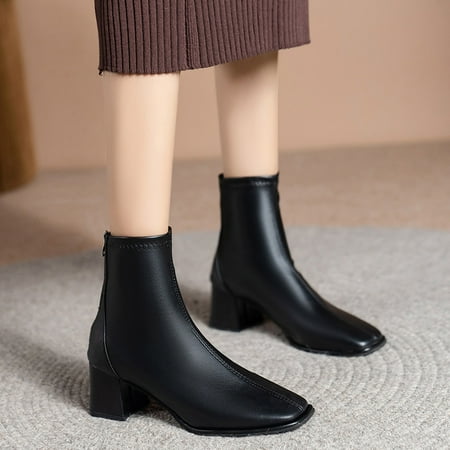 

Ankle Boots Fashion Women Artificial Leather Solid Color Autumn Thick Sole Square Heels Zipper Short Booties Square Toe Shoes