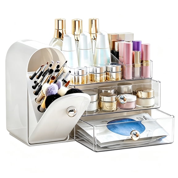 Makeup Organizer with Brush Holder, Countertop Vanity Organizer with 2 Drawers, Cosmetic Storage Organizer for Lipstick, Perfume, Skincare, White