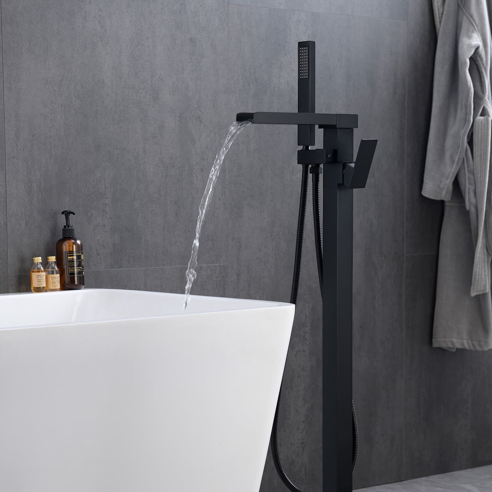 BWE Freestanding Tub Filler Bathtub Faucet Black Floor Mount Brass Bathroom Faucets with Hand Shower