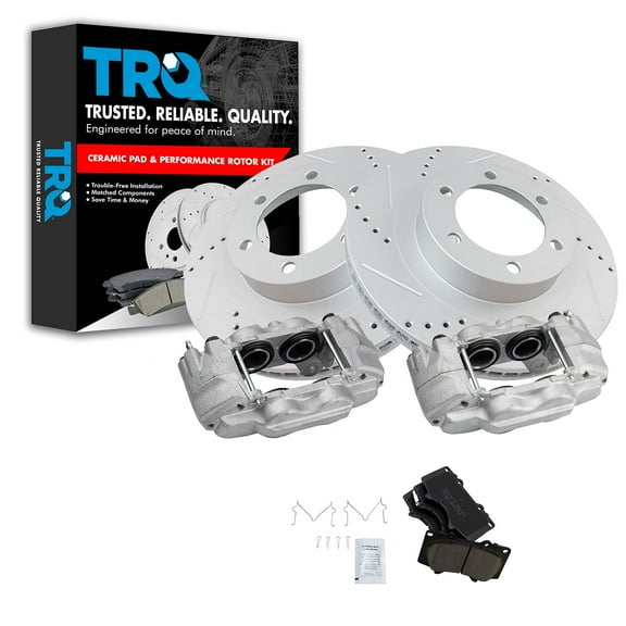 TRQ Front Performance Brake Pad & Rotor Kit Brake Caliper Brake Pads Brake Rotors Set Ceramic Vented Premium G-Coated Fits Select 2003-2009 Lexus GX470 Toyota 4Runner