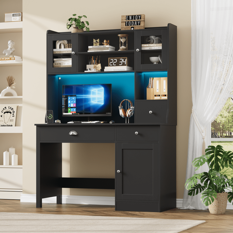 Homfa Executive Desk With Hutch, LED Lights, and Storage photo 1