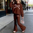 thumbnail image 2 of RUTAYY Girls 2 Piece Tracksuit Bow Graphic Long Sleeve Top Flare Leg Pants Casual Outfit, Brown, 2 of 4