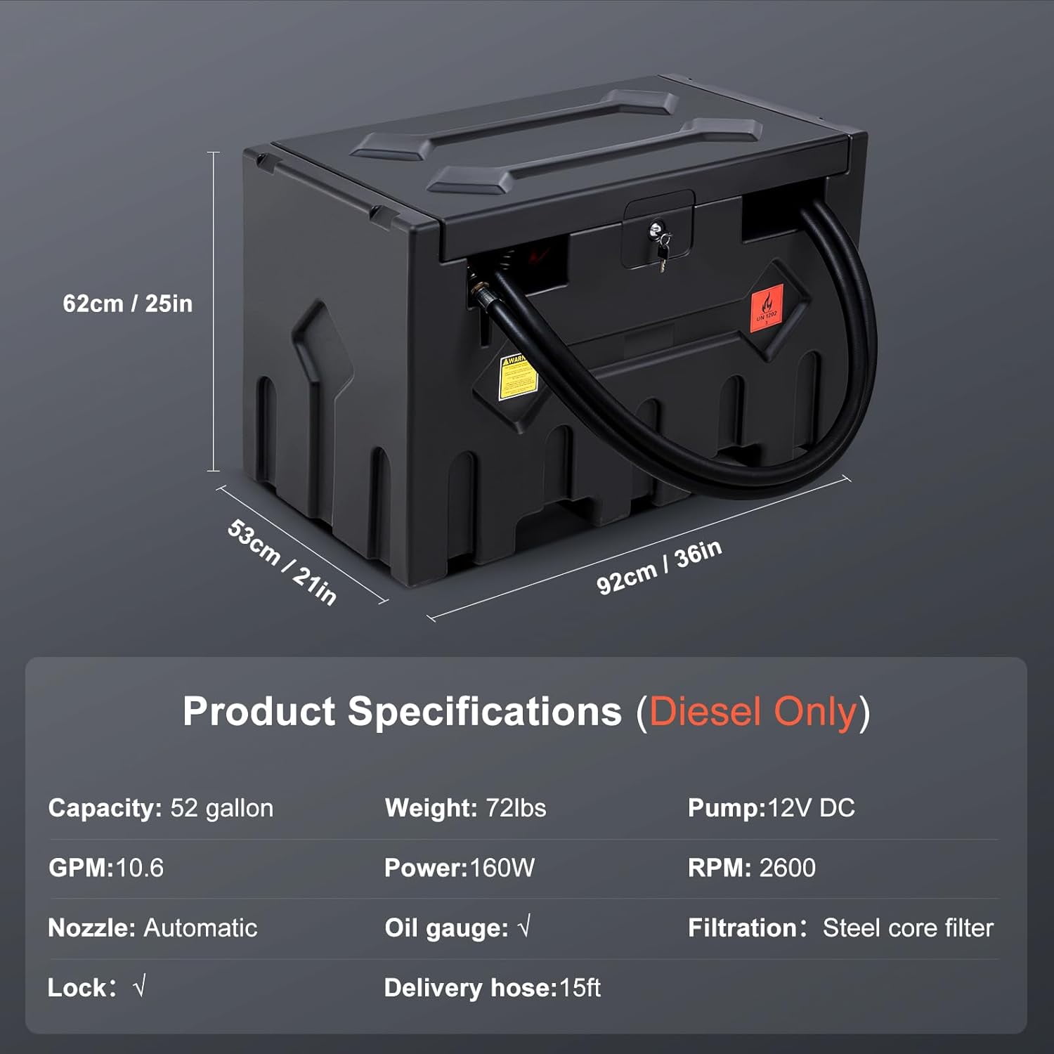 Portable 52 Gallon Fuel Tank with Pump for Diesel,Portable Fuel Tank with 12V Electric Fuel Transfer Pump and 15ft Rubber Hose,10.6GPM Flow Rate,Diesel Fuel Transfer Tank for Easy Transportation
