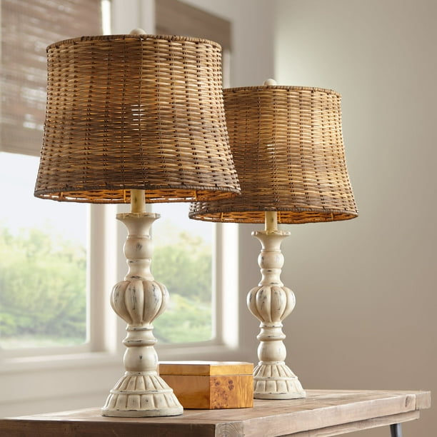 John Timberland Country Cottage Table Lamps Set Of 2 Antique White Candlestick Rattan Tapered Drum Shade For Living Room Bedroom Walmart Com Walmart Com