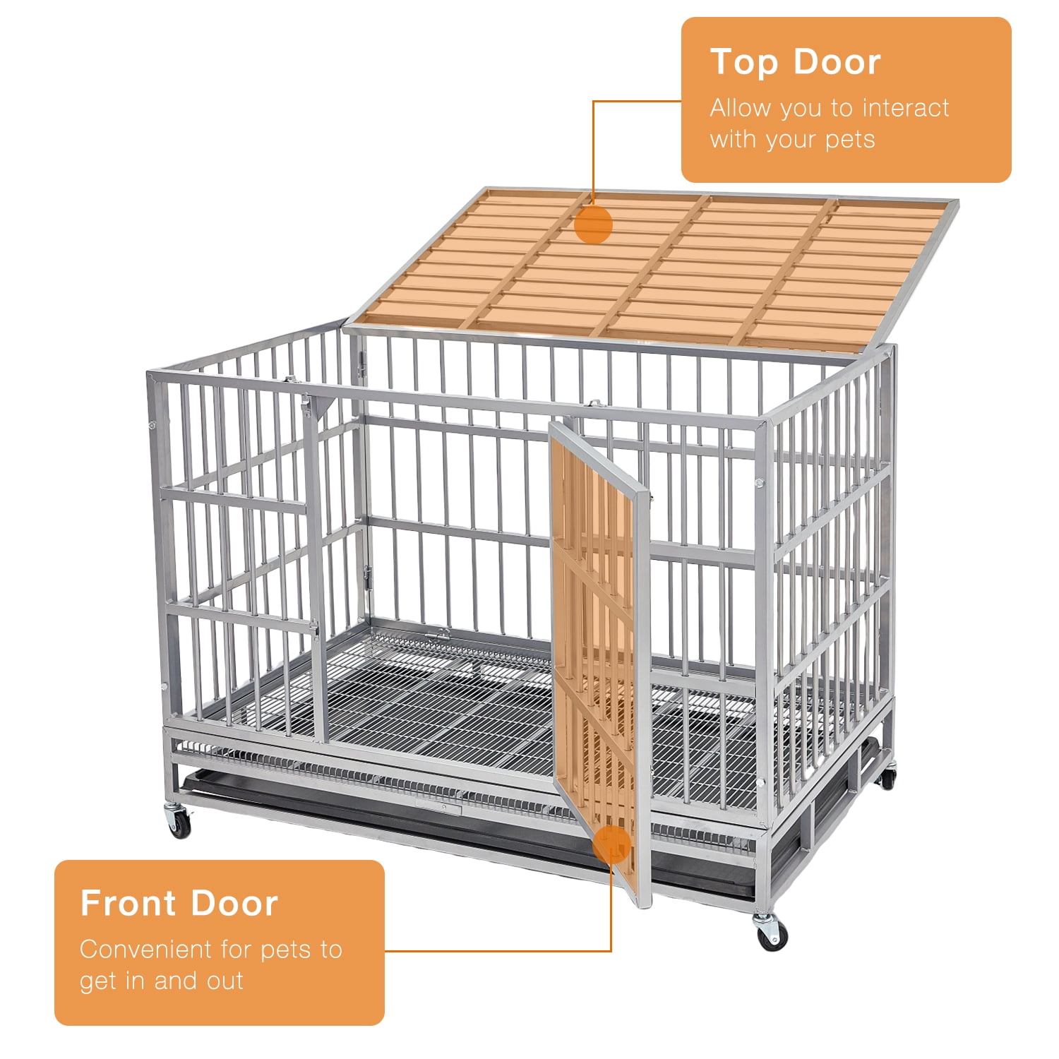 TIME RAY 48 inch Heavy Duty Dog Crate,Indestructible High Anxiety Dog Crate for Outdoor and Indoor with Lock, Double Door & Removable Tray, Silver