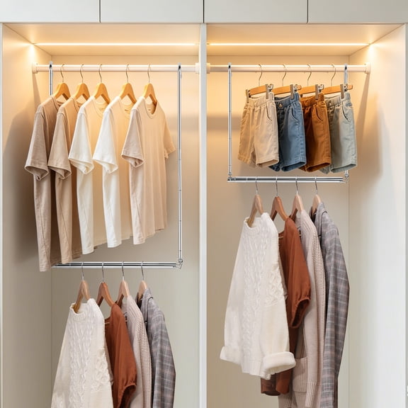 2Pcs Adjustable Closet Rod for Hanging Clothes Expandable 15.9"-28" Heavy-Duty Metal Closet Hanging Rod with 4 Height Adjustments, Space-Saving Double Closet Organizer