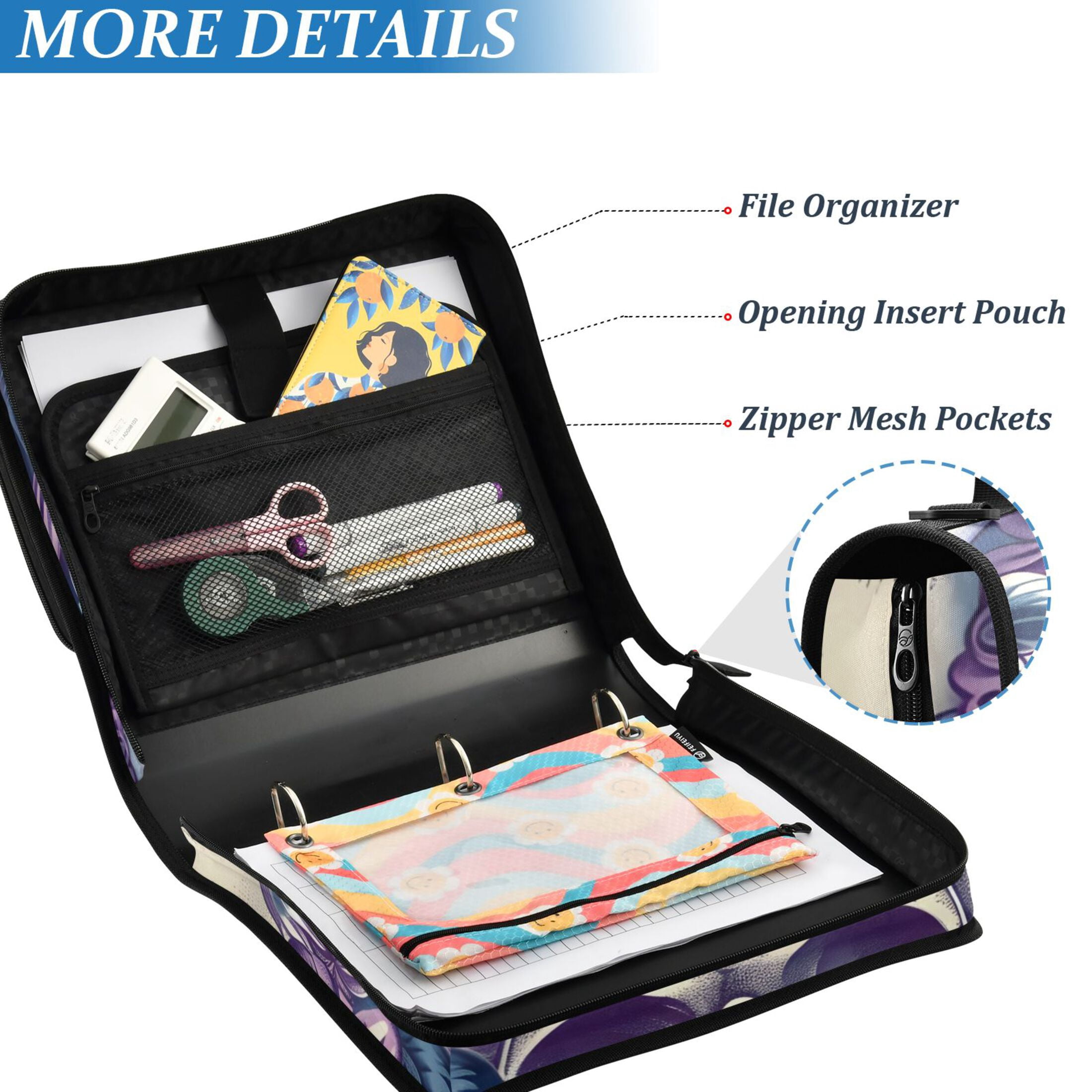 ALAZA Zipper Binder Skull Purple Flowers 3 Ring Trapper Keeper File Folder Organizer Bag