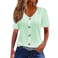 thumbnail image 3 of Wuxian Women Casual Shirt Solid Color Hollow Out Jacquard Short Sleeve Button V-Neckt Shirt Soft Basic Tee Trendy Spring Summer Comfort Fit Breathable Elegant Tops Streetwear,Light Green,XL, 3 of 8