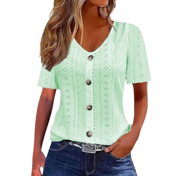 VNKIDY Women's Solid Color Button Front T Shirts Short Sleeve Crewneck Hollow Out Embroidery Loose Fit Blouse For Office Casual Daily Street Wear Leisure Tops