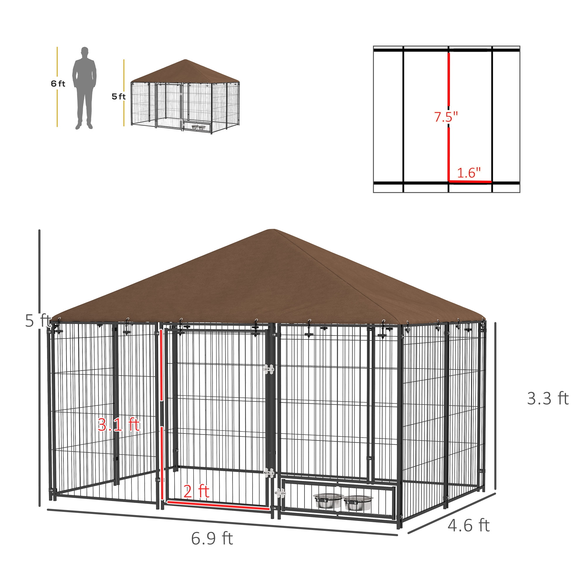 PawHut Outdoor Dog Kennel, 6.9' x 4.6' x 5' Puppy Play Pen with Canopy Garden Playpen Fence Crate Enclosure Cage Rotating Bowl, Black