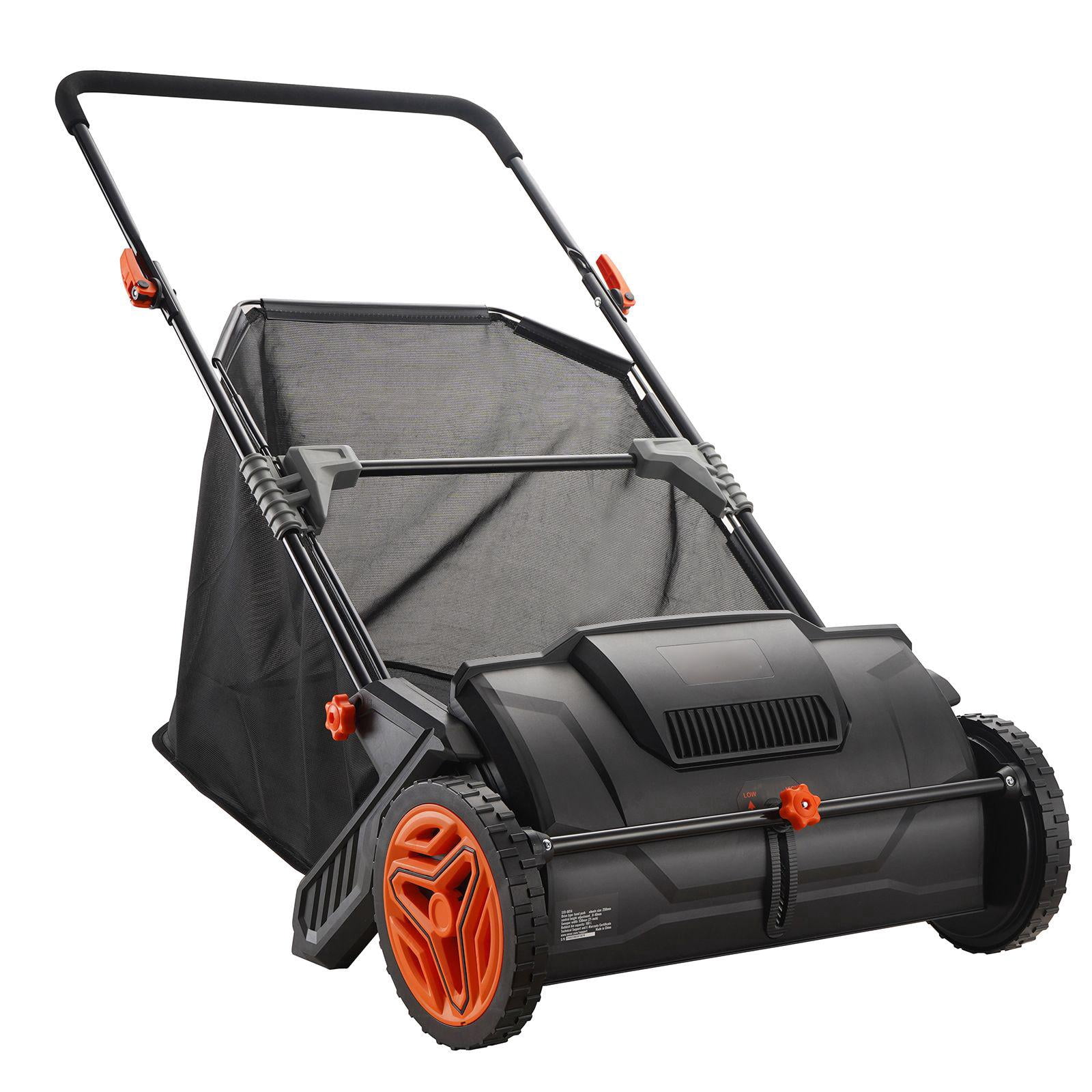 21 Inch Push Lawn Sweeper with 3.5 Cubic Foot Mesh Bag Heavy Duty Steel Construction Plastic Wheels Rotating Brushes