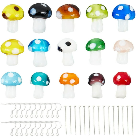 DIY Mushroom Earring Making Kit Including Lampwork Beads Brass Earring Hooks & Head Pins Mixed Color 90Pcs/box