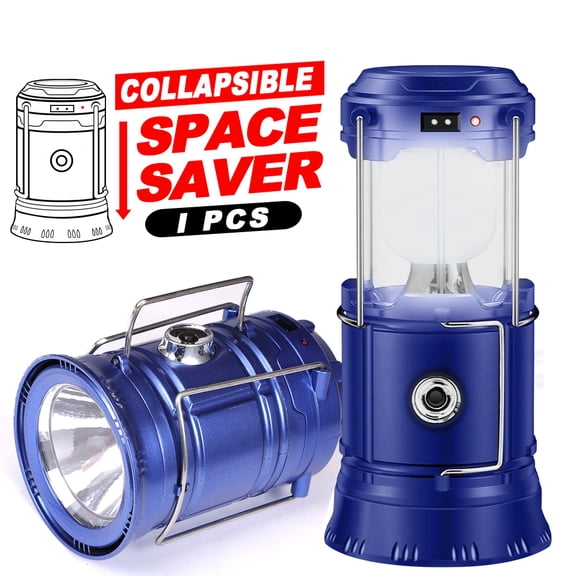 Collapsible Portable LED Camping Lantern Lightweight Waterproof Solar USB Rechargeable LED Flashlight Survival Kits for Indoor Outdoor Home Emergency Light Power Outages Hiking Hurricane ( Blue )